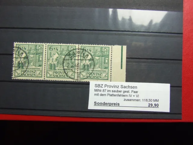 3 x Briefmarke SBZ Sachsen, Plattenfehler Mi-Nr. 87, Zusammendruck