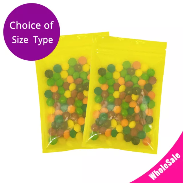 Assorted Sizes Flat Plastic Mylar Glossy Yellow Zip Lock Pouch Bag w/Tear Notch