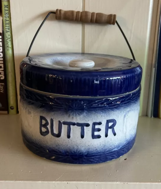 Vintage Blue White Pottery BUTTER Crock with Lid /Handle embossed cow & leaf