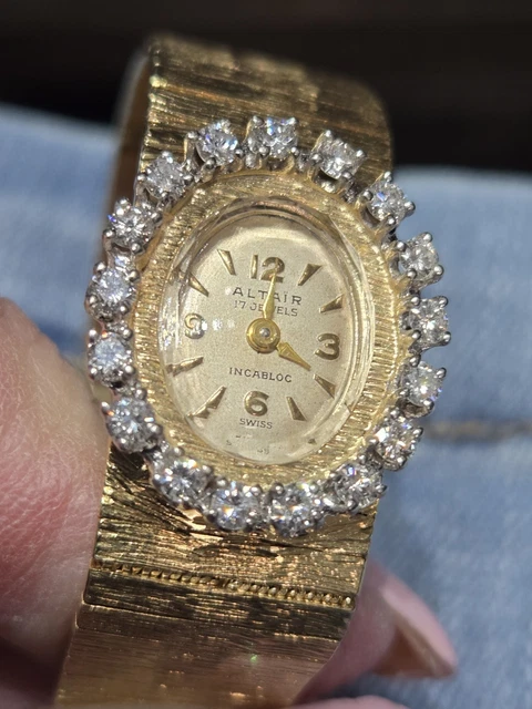 Estate 14K Solid Gold Altair Ladies Diamond Hidden Dial Bracelet Watch 1940\'s ESTATE 14K SOLID Gold Altair Ladies Diamond Hidden Dial  main image 4