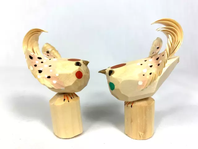 Japanese Ittobori Sparrows Sasano Wood Carving Folktoy Pair Artist Hand Carved