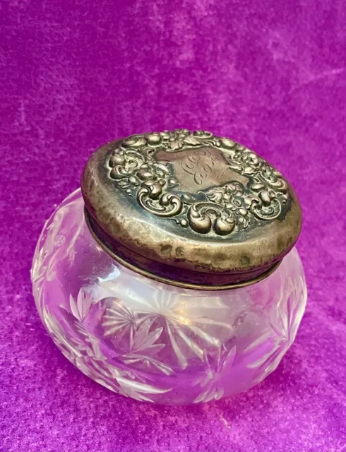 Antique Vanity Powder Jar Cut Crystal With Sterling Silver Lid Monogramed
