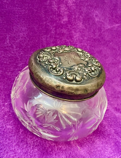 Antique Vanity Powder Jar Cut Crystal With Sterling Silver Lid Monogramed Antique Vanity Powder Jar Cut Crystal With Sterling Silver Lid Monogramed