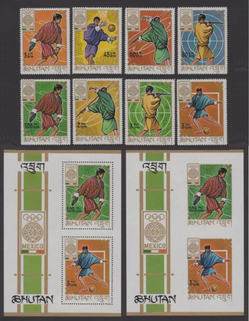 BHUTAN 1968, Set + 2 S/S Olympic Games, MNH / Mi 233/40A + Block 19A/B