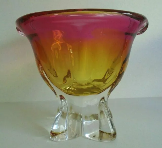 CHRIBSKA sommerso art glass bowl vase pink & yellow topaz JOSEF HOSPODKA czech
