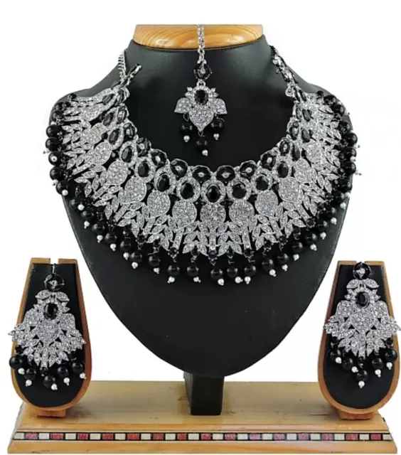 Black Indian Bollywood Pearl Silver Plated Fashion Bridal Diamond Necklace Set