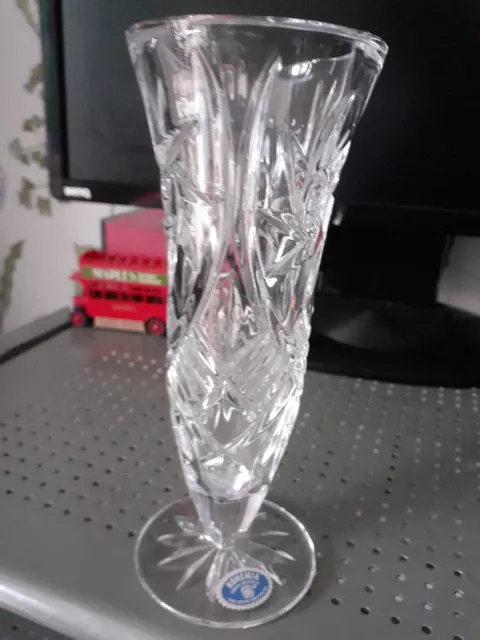 Vintage Bohemia Crystal Cut glass Waisted Footed Bud Vase 17 cm tall