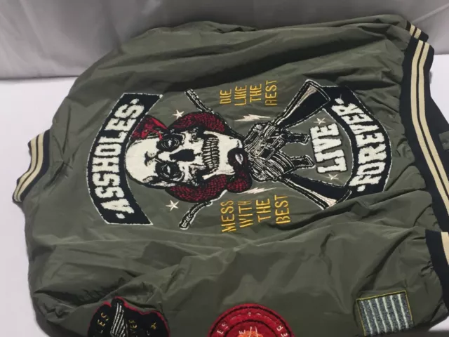 P4 ALF A**HOLE'S LIVE FOREVER Bomber Jacket with Patches Olive Mens Size Large