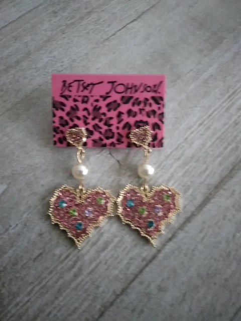 Betsey Johnson Pink Gold Rhinestone Faux Pearl 2" Drop Earrings New On Card