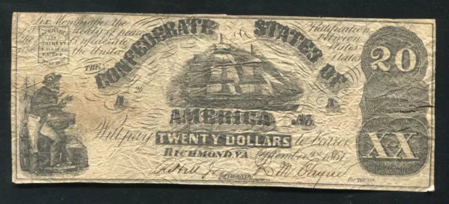 T-18 1861 $20 Twenty Dollars Csa Confederate States Of America Note