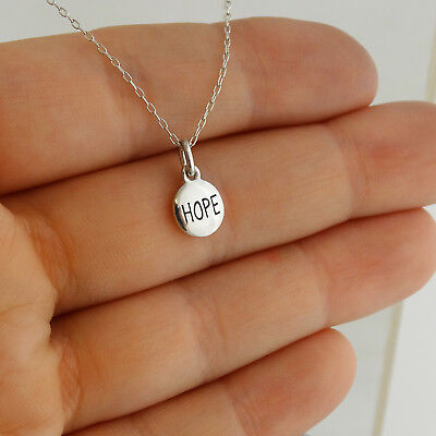 Tiny Round HOPE Charm Necklace - 925 Sterling Silver - Engraved Peace Love Faith
