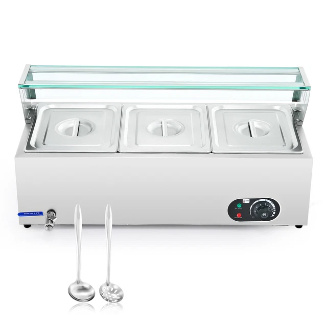 3 Pan Bain Marie Food Warmer Buffet Server & Warmer w Glass Shelf Ladle Skimmer