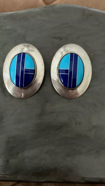 Native American Signed BB Sterling Silver Turquoise &Blue Stone Earrings