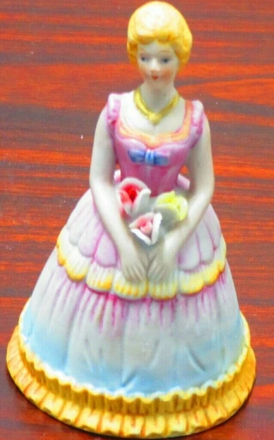 5" Ceramic Bell, Lady Holding Flowers, Clapper is Ladies Pink Shoes, 1978 Boston