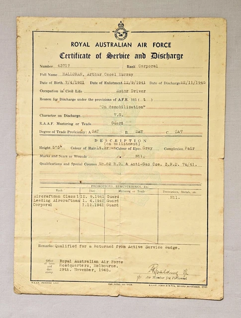 WW11 Royal Australian Air Force RAAF Discharge Certificate 43717 Cpl A Halloran