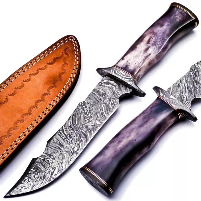 Handmade Damascus Steel Bowie Knife - Camel Bone Handle, Hunting Survival Camp