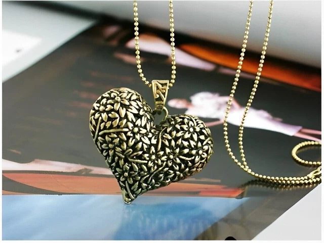 Hollow Carved Long Chain Vintage Heart Pendant Necklace Silver Gold Bronze Cross