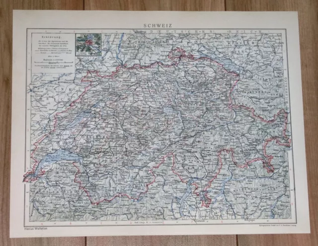 1929 Original Vintage Map Of Switzerland / Zurich Geneva Bern / Alps