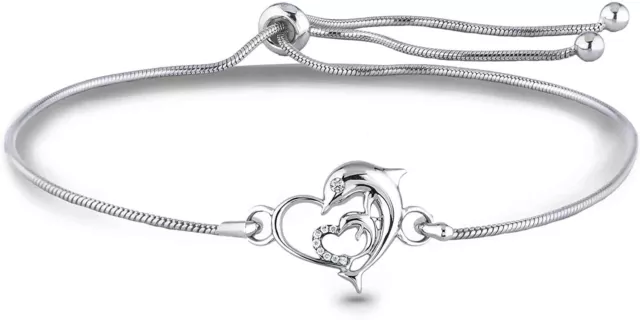 .925 Sterling Silver Canadian Diamond Flexible Bolo Dolphin Charm Bracelet