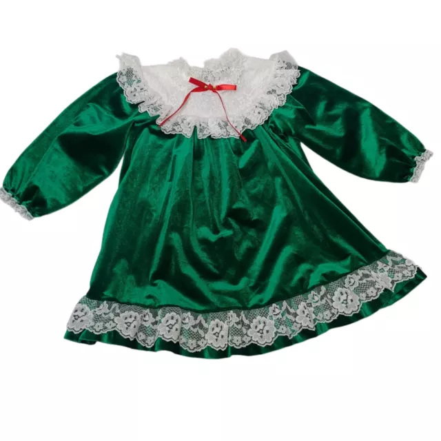 Vintage Evy Size 5 Dress Green Velvet Lace Red Bow Christmas Long Sleeve USA