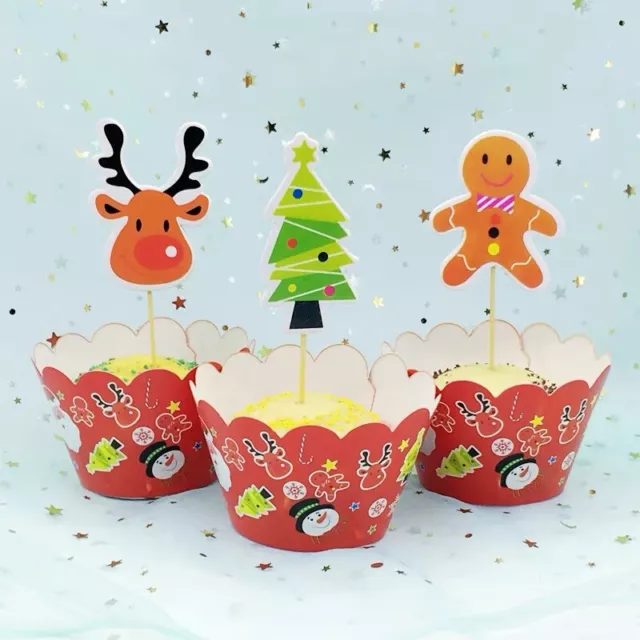 12x Christmas Xmas Cupcake Topper + 12 Wrapper. Party Lolly Loot Bag Cake