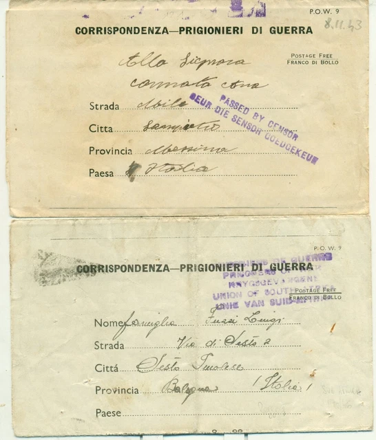 2A GUERRA MONDIALE corrispondenza da prigionieri italiani in Sudafrica