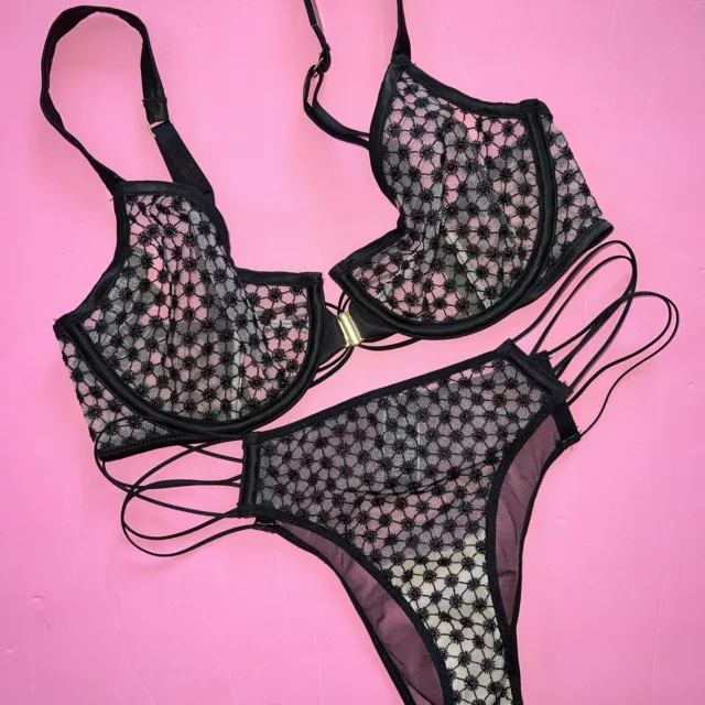 Victoria's Secret sin Forro 32DD Conjunto Sujetador Tiras Braga Negro Starburst