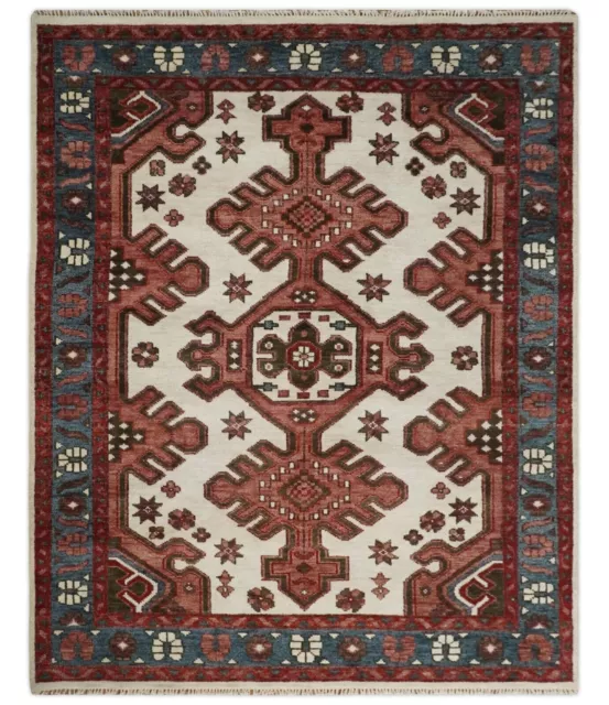 Coral Rust and Ivory Hand Knotted Heriz Serapi Wool Rug | CP710