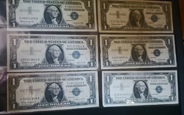 Six 1957B One Dollar Blue Seal Note Silver Certificate All With  Multiple Errors