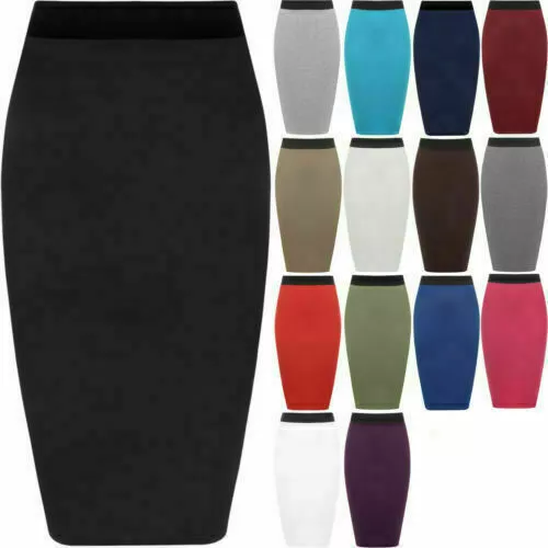 Ladies Plain Office Women's Stretch Body Con Midi Pencil Skirt Plus Size Uk 8-22