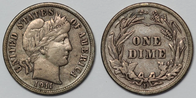 United States USA 1911-D Barber Dime 10c Denver Mint Silver Coin - Better Date