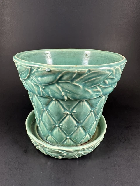 Vintage McCoy Pottery Turquoise Blue Quilted Diamond 5” Planter