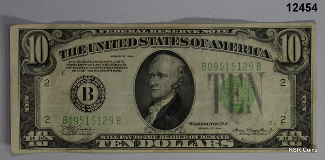 1934 $10 Federal Reserve Note Light Green New York Vf! #12454