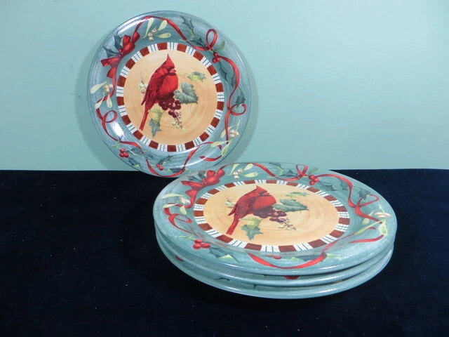 Set of 4 Lenox Winter Greetings Everyday Cardinal 10 5/8" Dinner Plate Holly NWT