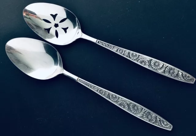 2 Spring Bouquet Serving Spoons 1 Pierced  Black Accent Vtg Stainless Flatware
