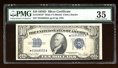 DBR 1934-D $10 Silver Wide STAR Fr. 1705W* PMG 35 Serial *01848593A