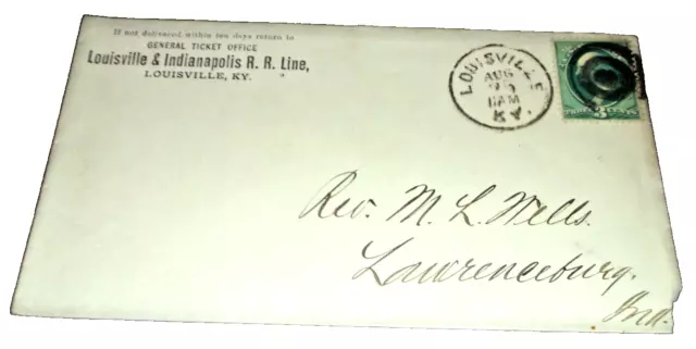 1880's LOUISVILLE & INDIANAPOLIS RAILROAD USED COMPANY ENVELOPE