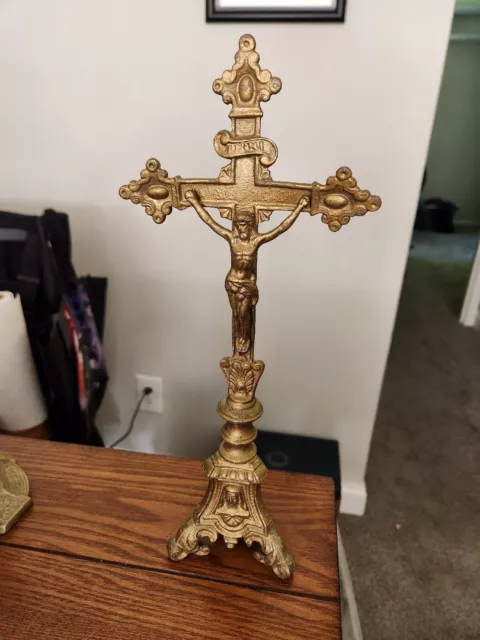 Antique 13" Bronze Jesus Crucifix Cross Mary & Joseph Base Altar Religious  Vtg