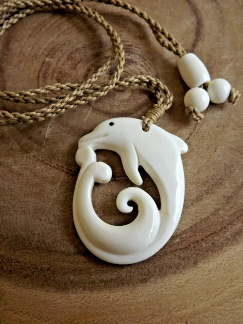 Hawaiian Buffalo Bone Dolphin Pendant Necklace Choker - Hand Carved Dolphin