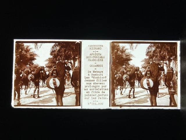JEUNES FILLES OUBANGUI PLAQUE VERRE 45x107 VUE STEREOSCOPIQUE VERASCOPE RICHARD