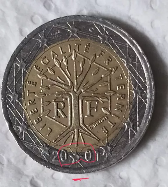 Moneda de 2 euros de Francia año 2001 error acuñación los dos ceros cortados 2