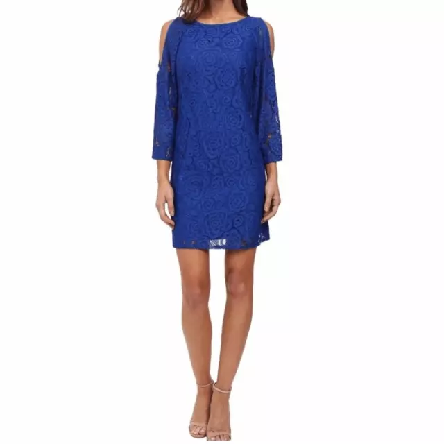 Adrianna Papell blue lace cold shoulder dress mini size 14  bell sleeve cocktail