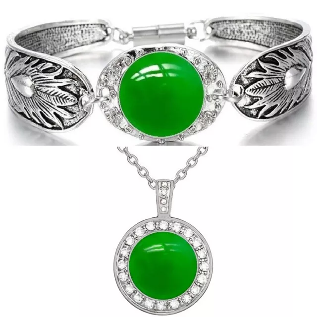 2 PcSet Burmese Green Jade Womens Sterling Silver Necklace Bracelet Bangle D3D18