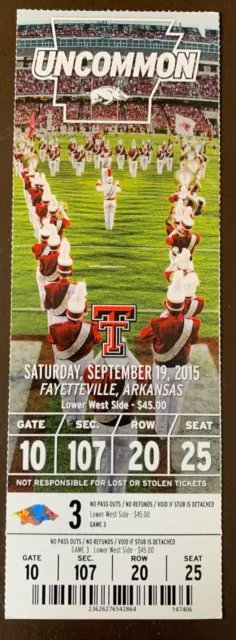 Arkansas Razorbacks 9/19/2015 NCAA football ticket stub vs Texas Tech