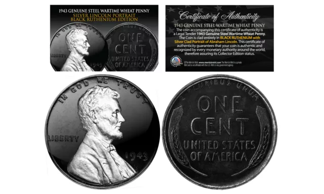 BLACK RUTHENIUM 1943 Genuine Steel Wartime Wheat Penny Coin w/ SILVER Highlights