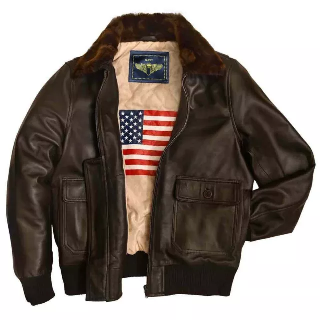 Giacca invernale G1 Bandiera USA Marina Bomber Patriottica Pelliccia Collare Marrone In Pelle Uomo