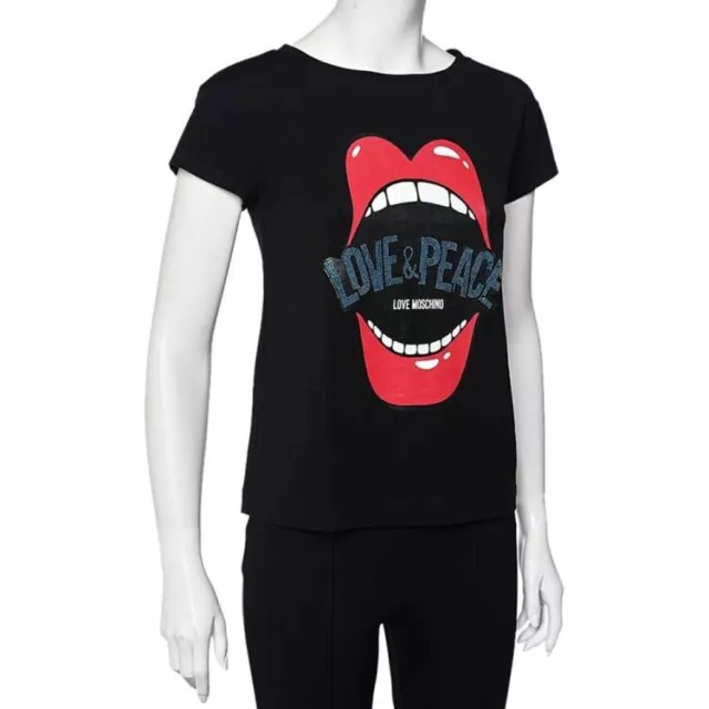 Love Moschino Black Mouth Printed Love & Peace Embellished Cotton T-Shirt S 2