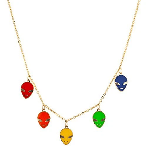 Gold Tone Multicolor Enamel Alien Multi Charm Pendant Necklace