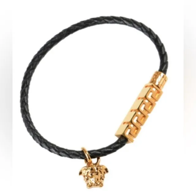 Versace Gold Color Medusa Logo Black Leather Braided Bracelet NWT