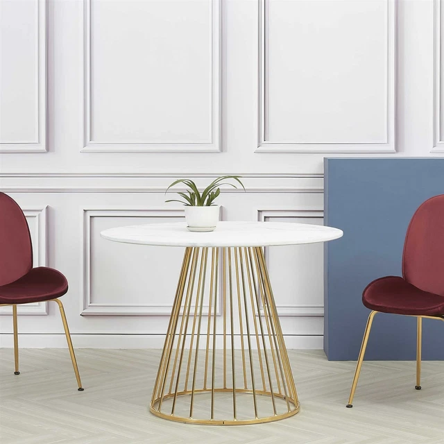 WHITE MARBLE DINING Table with Golden Legs 100cm Round Marble Effect